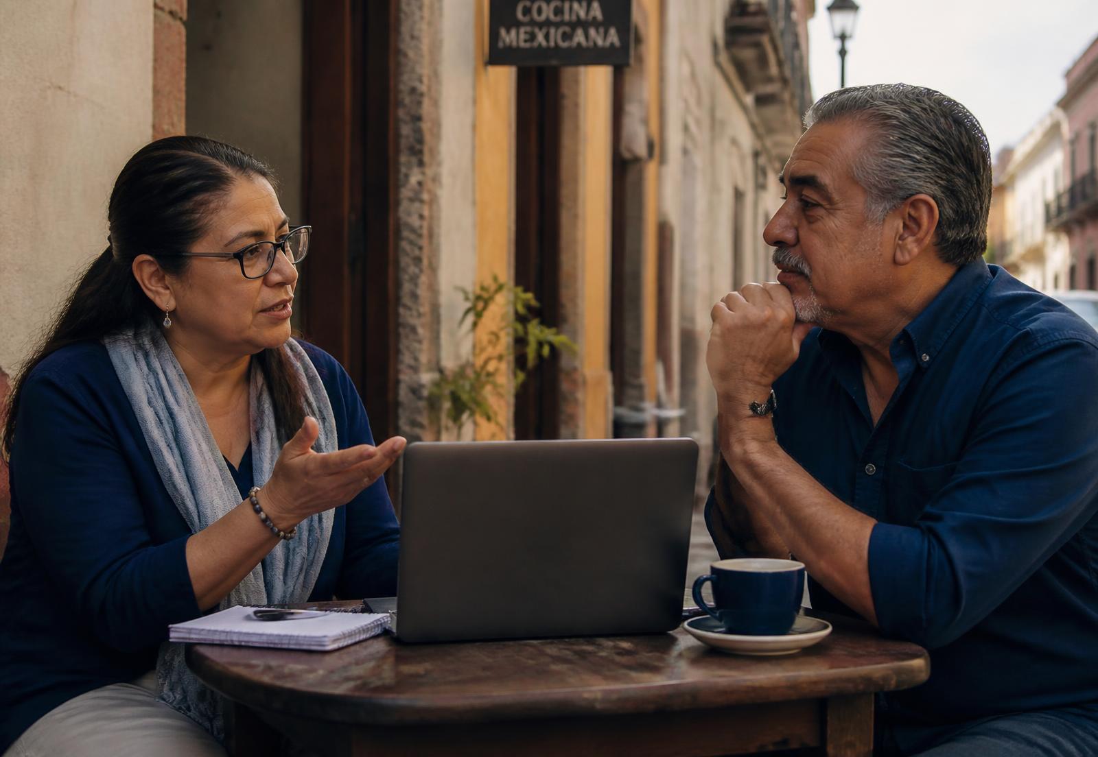Two people talking over a laptop and notebook at an outdoor café table